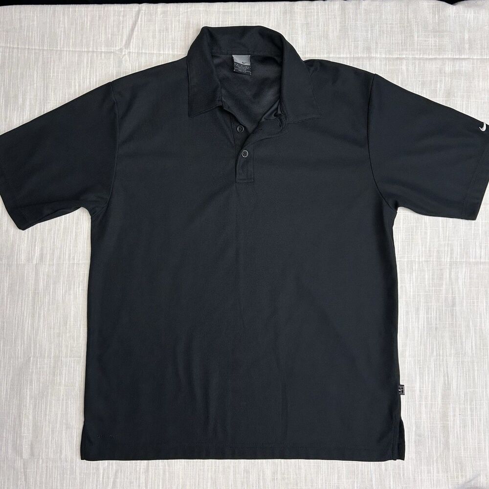 Nike Dri Fit Solid Black Polo Shirt Short Sleeve Embroidered Logo Medium